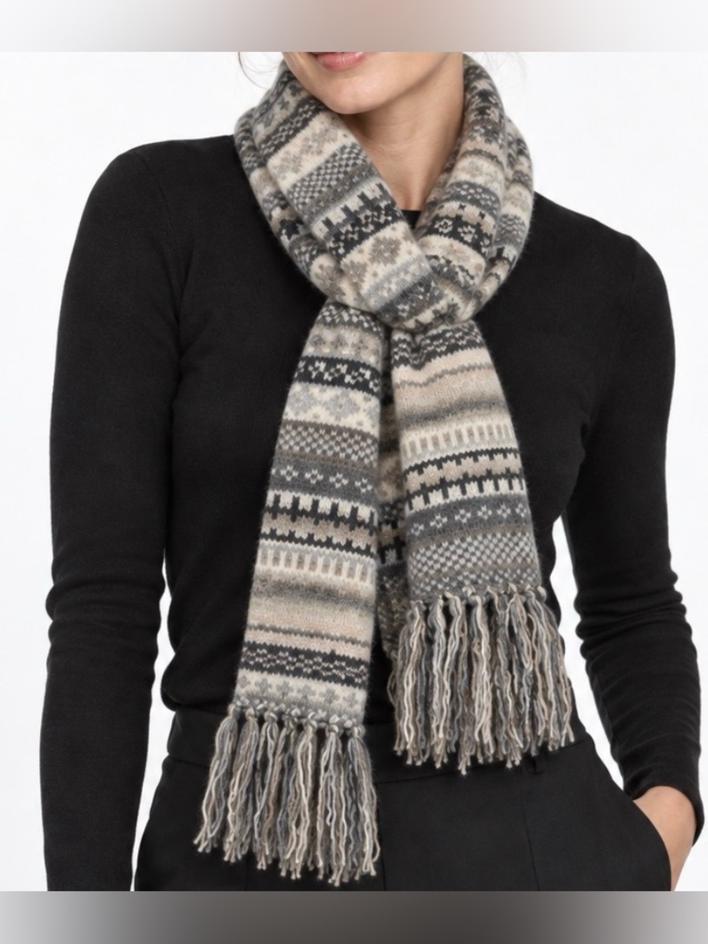 GAP Wool Fair Isle Fringe Scarf in Gray and Cream Tones